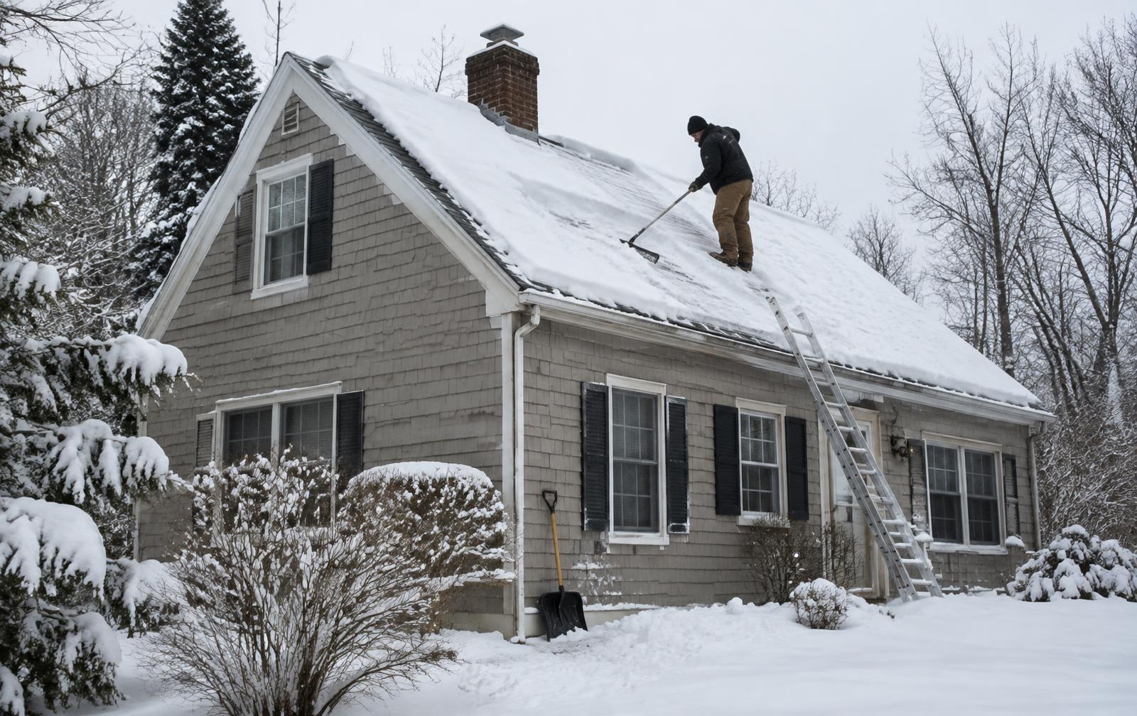 Worker clearing heavy snow from the roof of a New England home