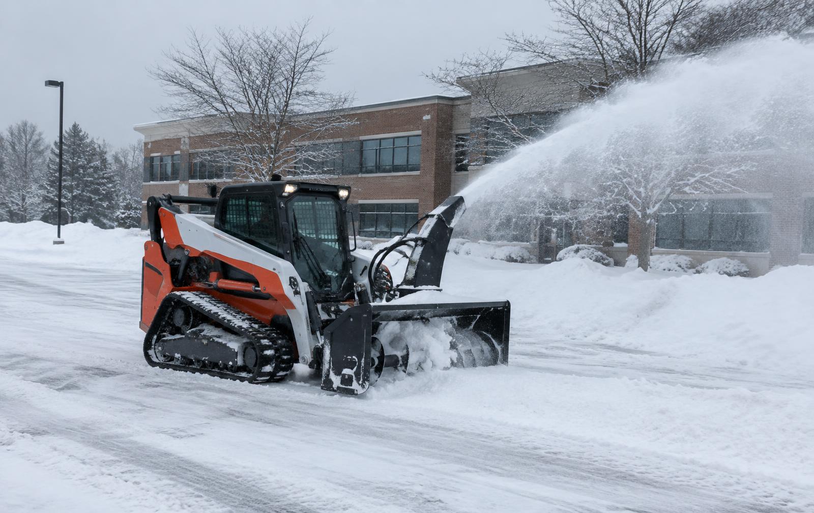 Skid steer with a snow blower attachment clearing snow from a commercial parking lot